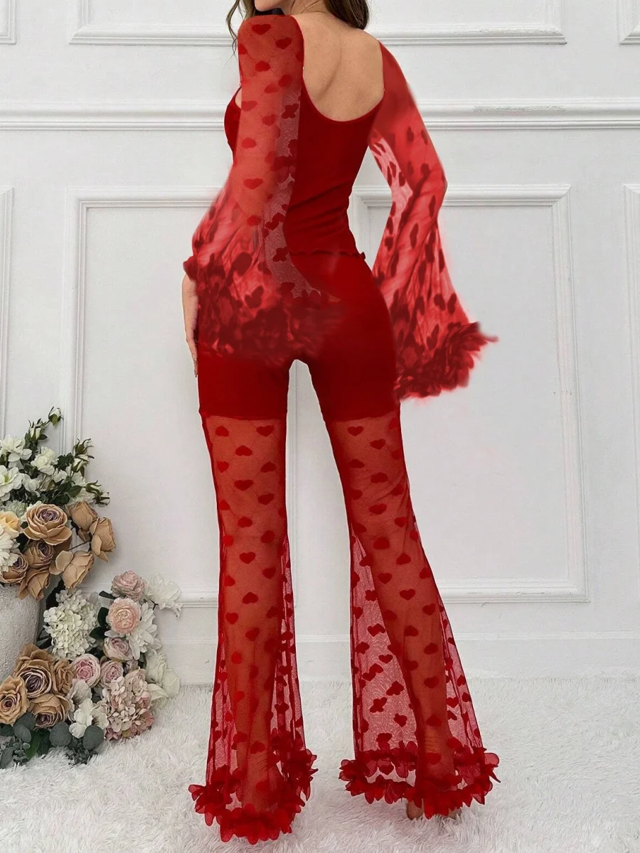 2025 Fashion Long Sleeve Heart Print Sheer Pants Pajama Set Love Lace Mesh Mesh Long Pants Sexy 2-piece Valentine's Day Sets