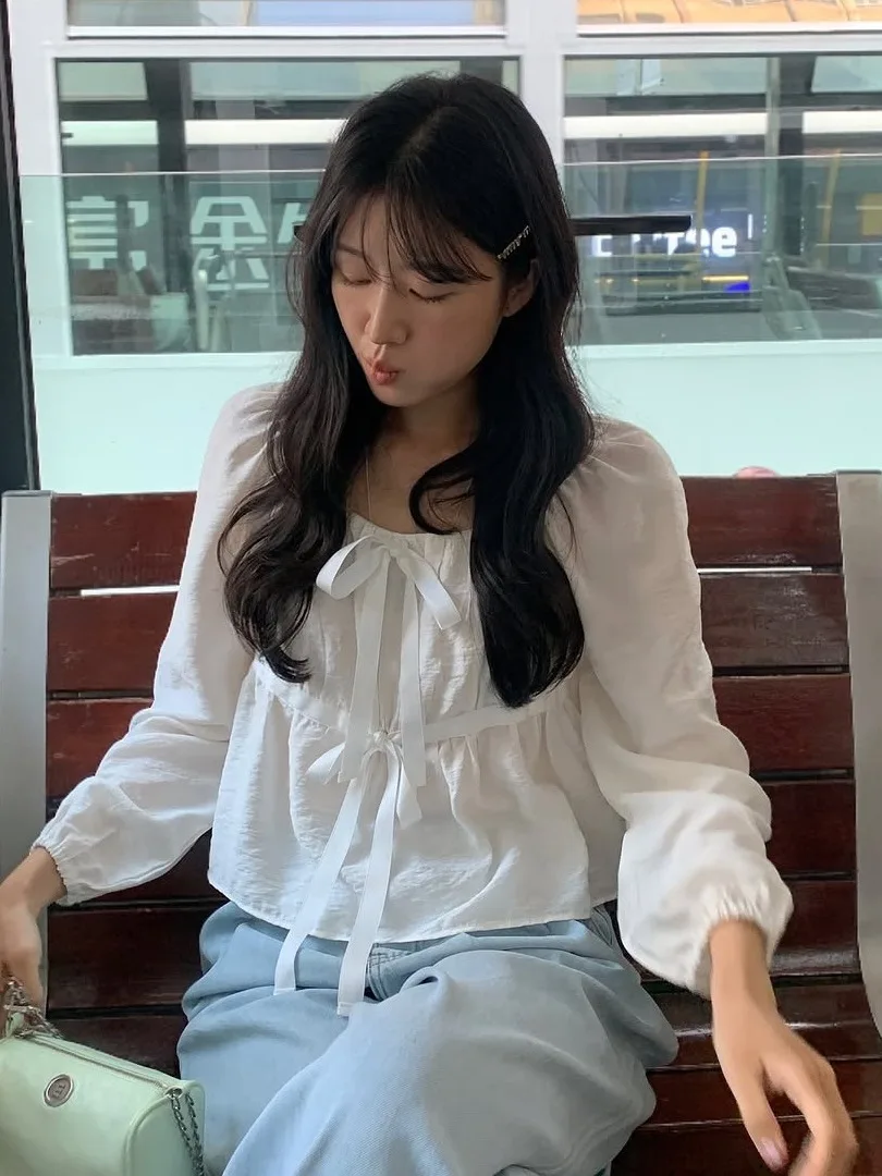 

Chic Sweet Knot Bubble Sve Casual irt Women's Top Ele Gentle Soft Sle Pure Color Commute Spring Autumn