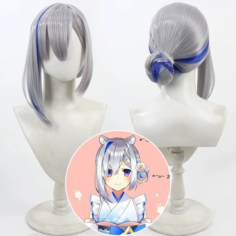 Virtual YouTuber Amane Kanata Cosplay Wig Silver Gray Mixed Blue Heat Resistant Synthetic Hair Halloween Party Role