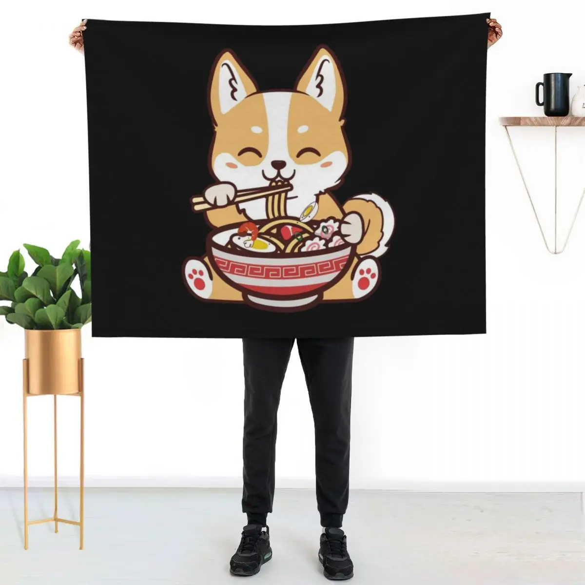 Kawaii Corgi Eating Ramen a Kawaii Corgi Eating Noodles Throw Blanket Hair Stuffeds Shaggy Plaid on the sofa Beautifuls Blankets