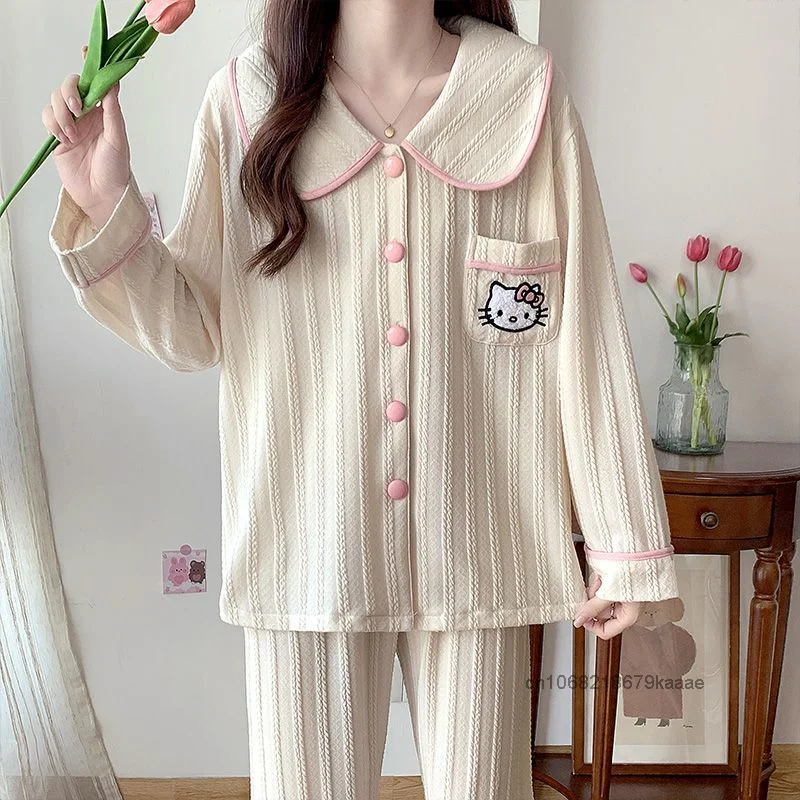 Sanrio Hello Kitty Women\'s Spring Autumn New Sleepwear Korean Style Pure Cotton Home Clothes Simple Design High-end Pajamas Set