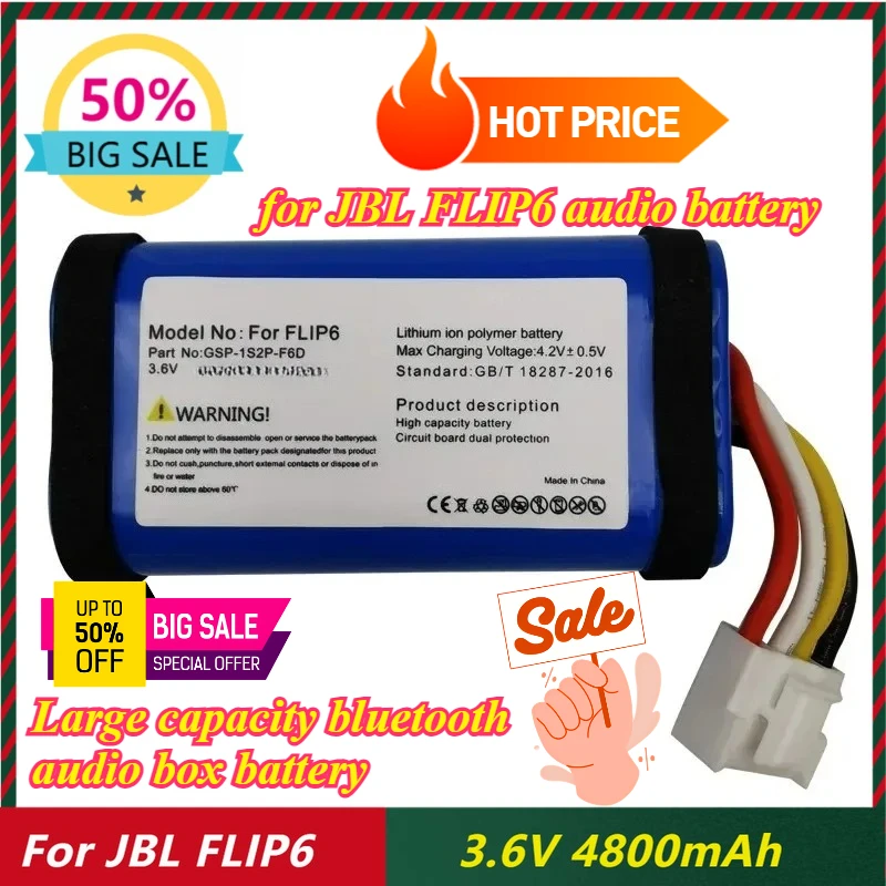 

3.6V 4800mAh GSP-1S2P-F6D for JBL Flip6 Flip 6 Wireless Bluetooth Speaker Replacement Battery