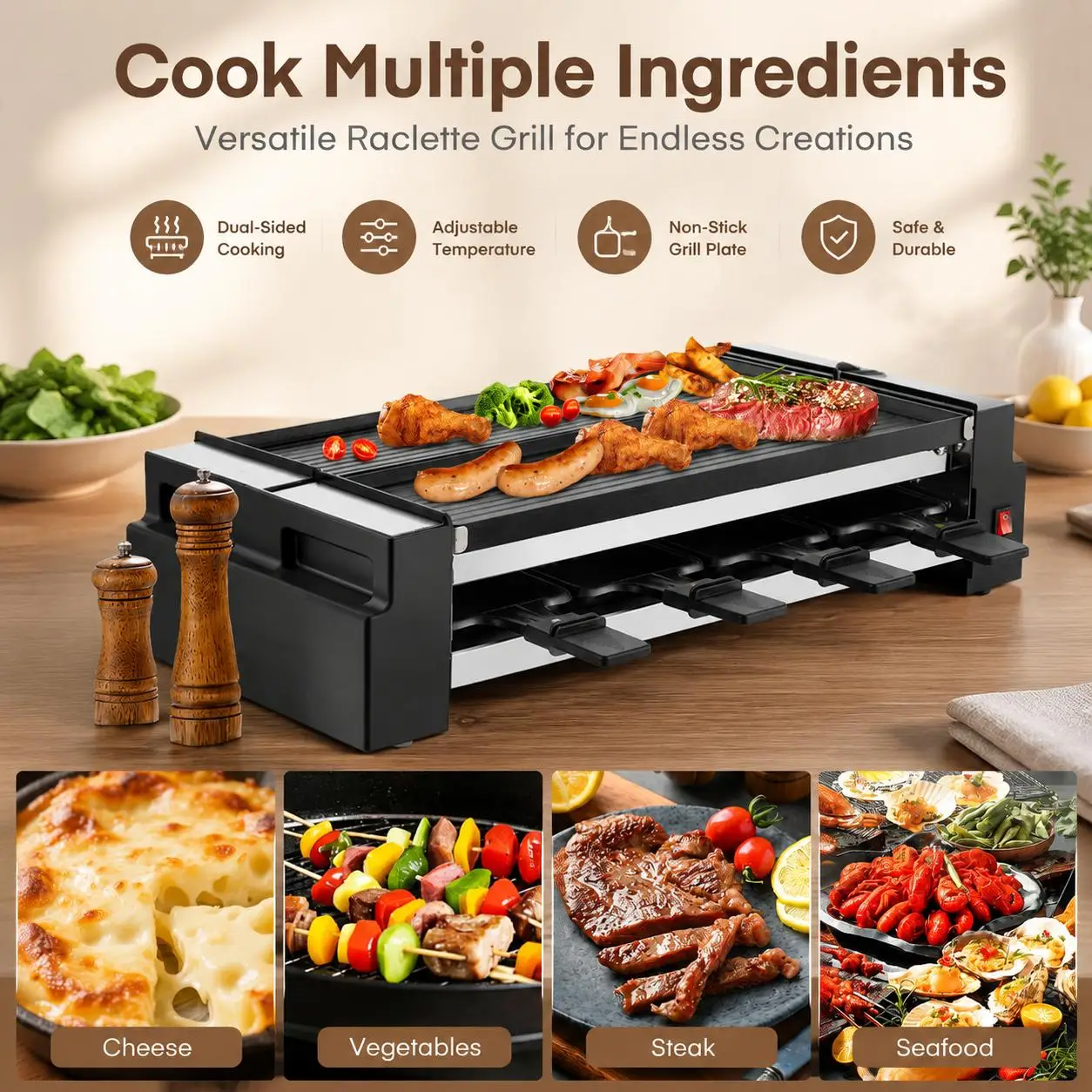 Rotatable Raclette Grill 1400W Electric Indoor BBQ Machine 2 in 1 Reversible Non-Stick Griddle Cheese Melter 8 Pans