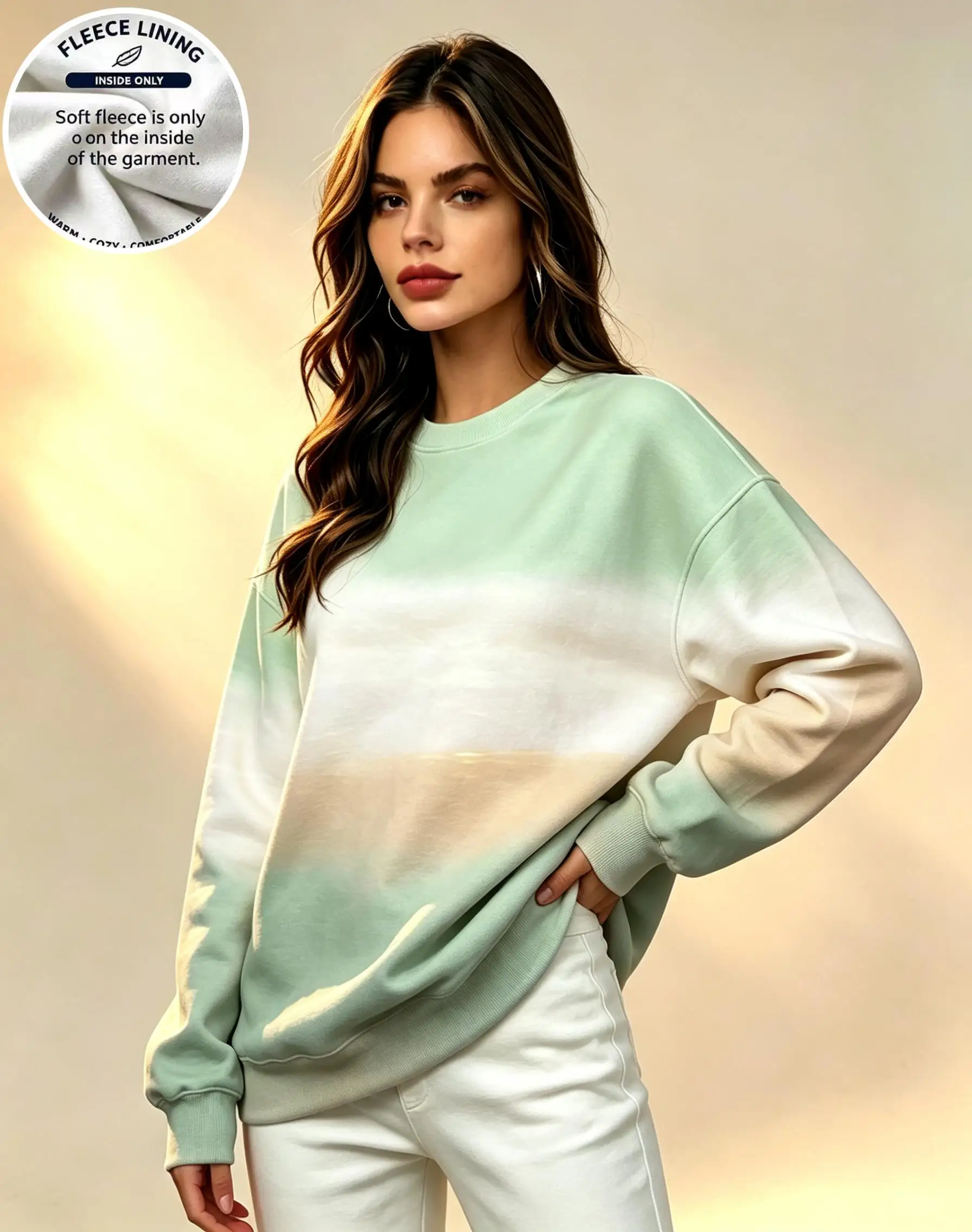 Women Crew Neck Fleece Sweatshirt Blue Purple Ombre Gradient Print Long Sleeve Loose Casual No Hood Warm Pullover