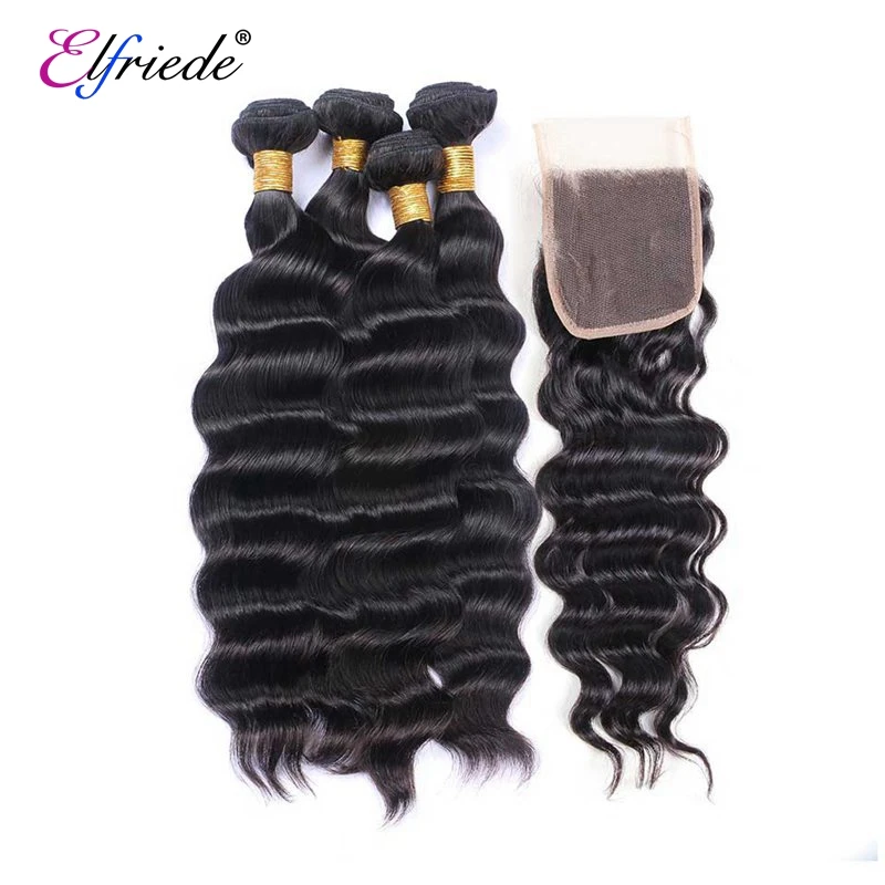 

Elfriede Natural Black Loose Deep Wave Bundles with Closure 100% Brazilian Human Hair Weaves 3 Bundles with 4X4 Lace Closure