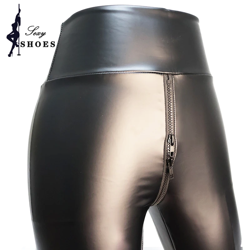 Leggings elásticos con doble cremallera para mujer, pantalones sexys de entrepierna abierta, pantalones de cuero negro mate, pantalones divertidos