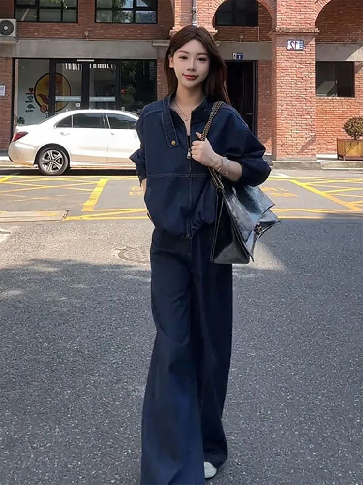

Retro Casual Denim Clothes Suit Women Autumn Long Sleeved Stand Collar Short Tops Dark Blue Straight Denim Pants 2 Piece Set