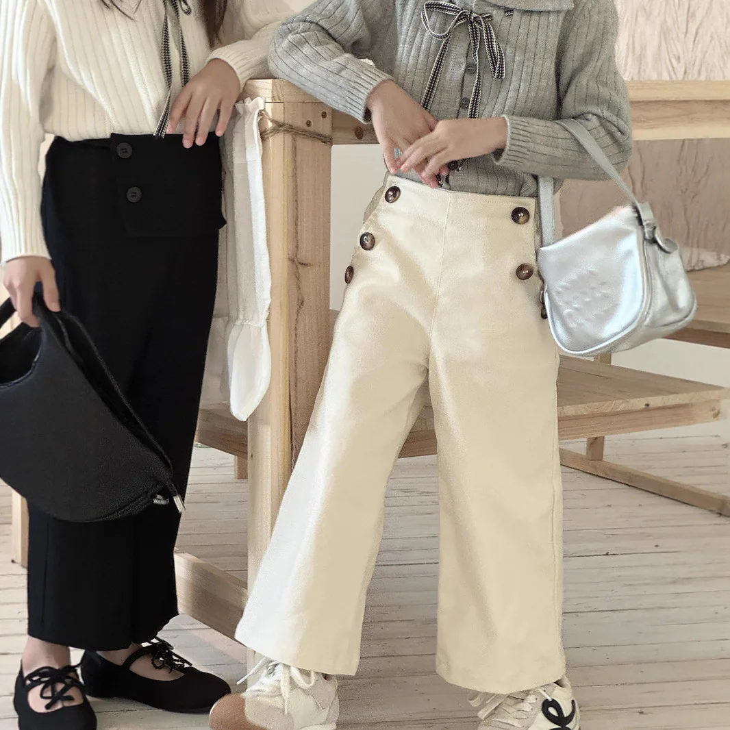 

Girls' Autumn Korean Button-down Casual Pants Children's Loose Wide-leg Pants A-character Nine-point Pants