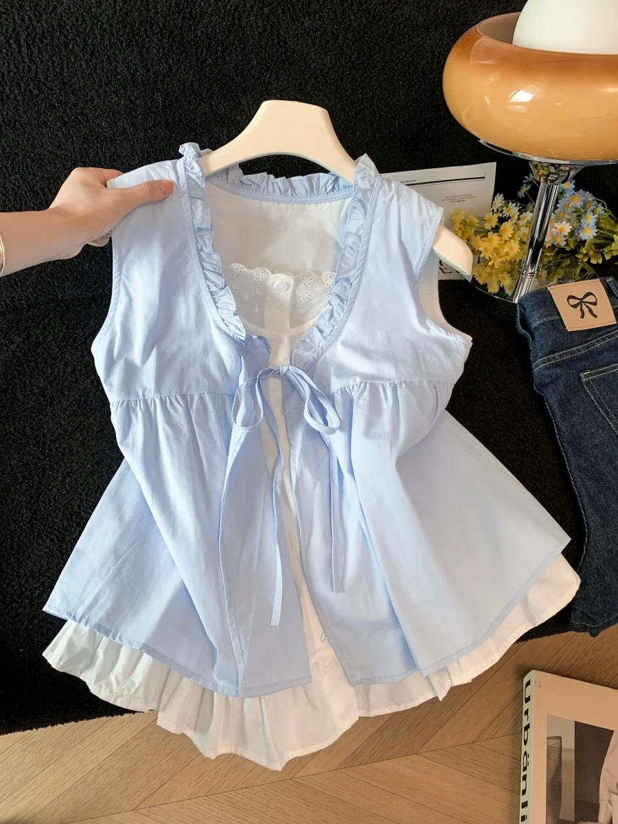 

Sweet Girl Wooden Ear Sleeveless Shirt Women Summer Knot Belt Vest Loose Anti-aging Top Japanese Style Loose Fit