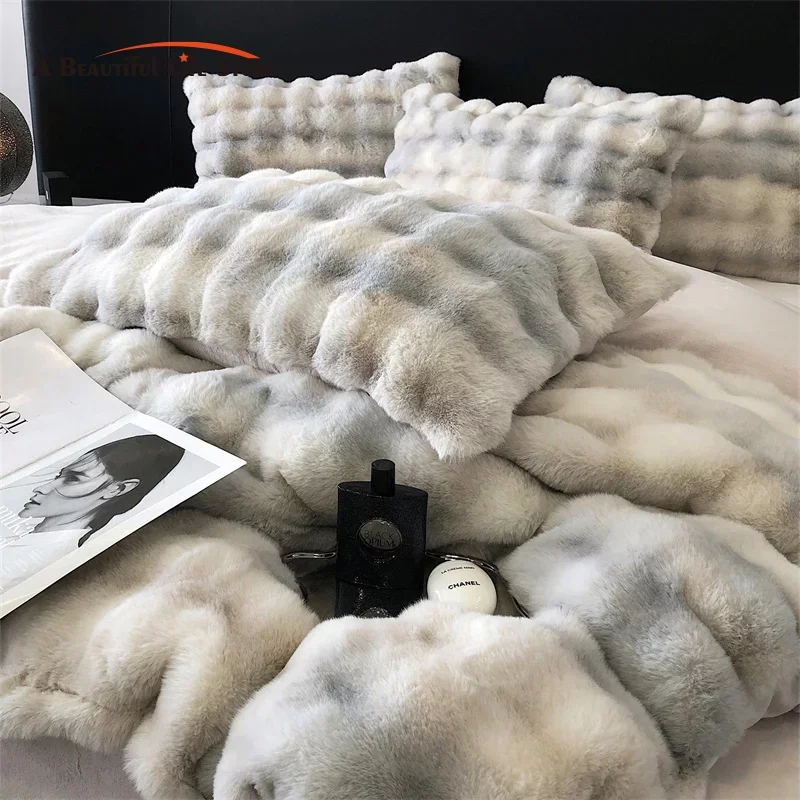 Shaggy Faux Rabbit Fur Velvet Fleece Bedding Set, Plush Duvet Cover, Bed Sheet, Pillowcases, Gradient Color, Ultra Soft