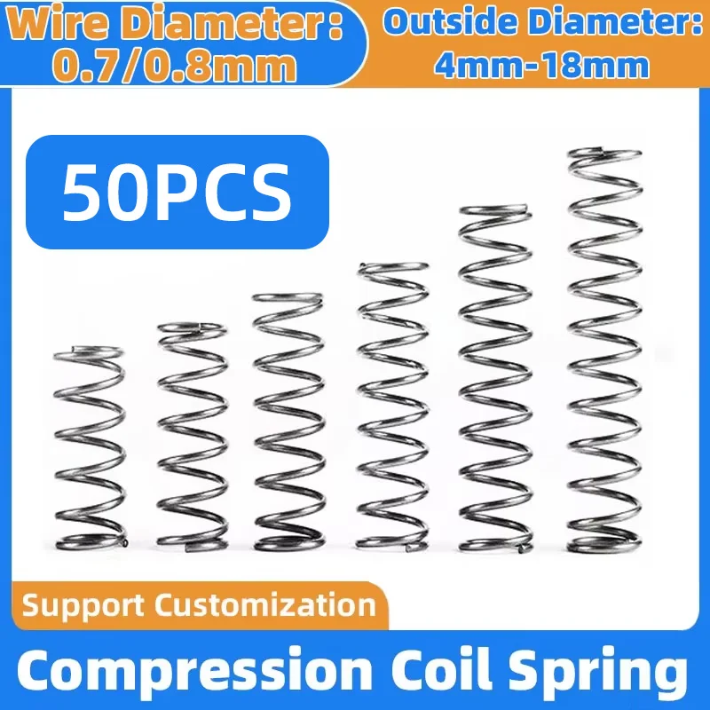50PCS Compression Spring Wire Diameter 0.7/0.8mm Return Spring Steel Pressure Springs Tool OD 4mm-18mm Length10mm-50mm
