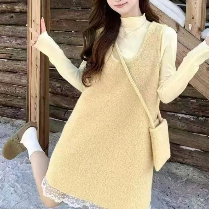 

2025 Lace Autumn Patchwork Long Sleeved Loose Vest Top Dress Two-piece Set