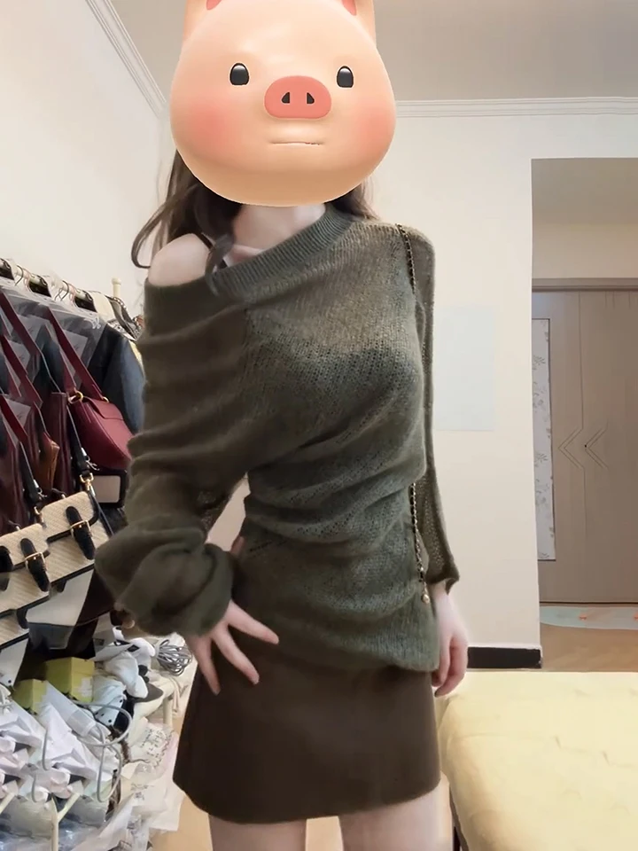 French Style Loose Fit Long Sleeve Hollow out Shoulder Women's Knitwear Casual Daily Wear Viscose Fiber Slimming Effect