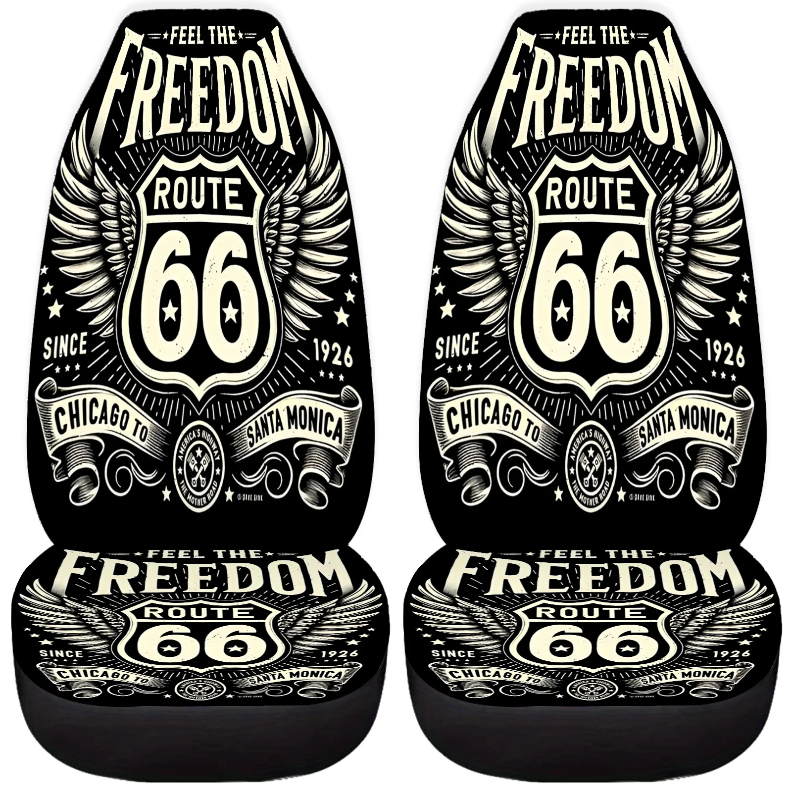 2 قطعة Route 66 أغطية مقاعد السيارة المطبوعة الفنية للنساء والرجال، واقي المقاعد الأمامية للسيارات العالمية يناسب السيارات وسيارات الدفع الرباعي والشاحنات، Enh