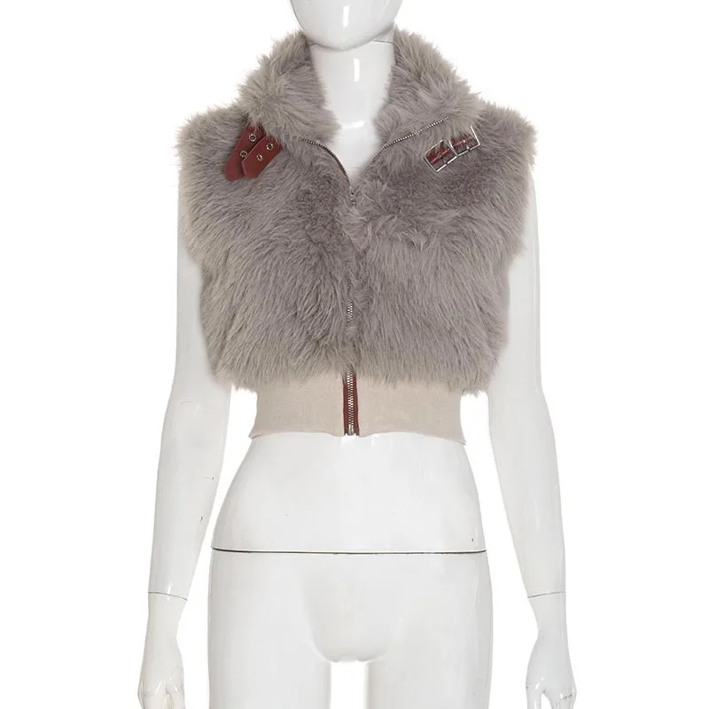 Buckle Belt Furry Cropped Jackets Women 2026 Autumn Winter Fashion Slim Sexy Faux Fur Sleeveless Vests Zip-Up Short Coats Female