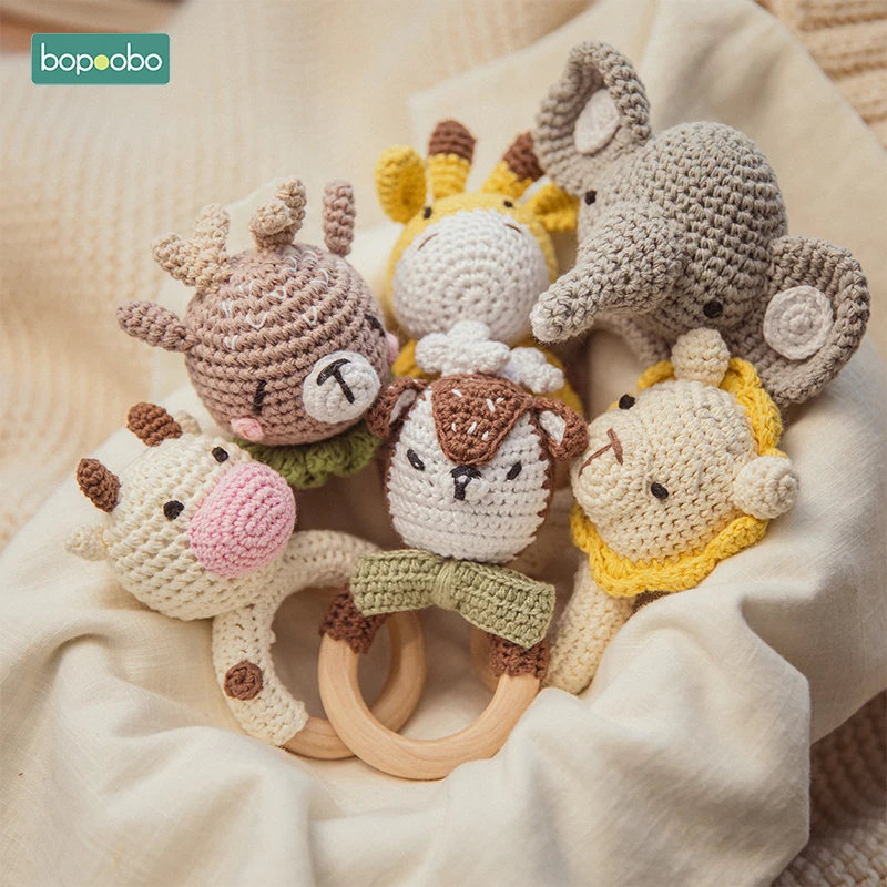 Bopoobo-sonajeros de ganchillo para bebé, sonajero de conejo de juguete, anillo de madera, mordedor para bebé, gimnasio, sonajeros móviles, juguetes