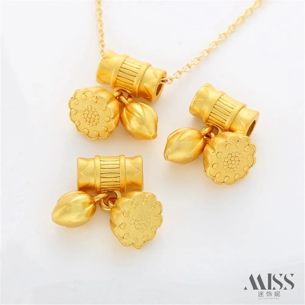 18K Gold-plated Matte Gold Two Worlds Lotus Pong Lotus Heart Barrel Bead Pendant DIY Handmade Bracelet Necklace Accessories