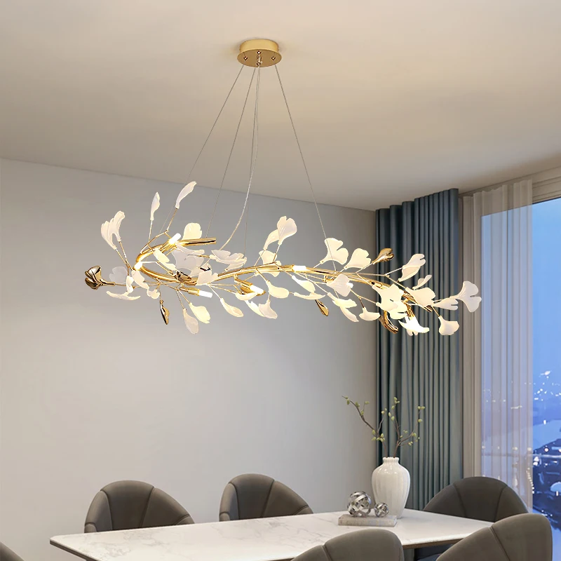 

Modern Ginkgo biloba restaurant chandelier creative light luxury art bar Pendant lights postmodern minimalist long dining table