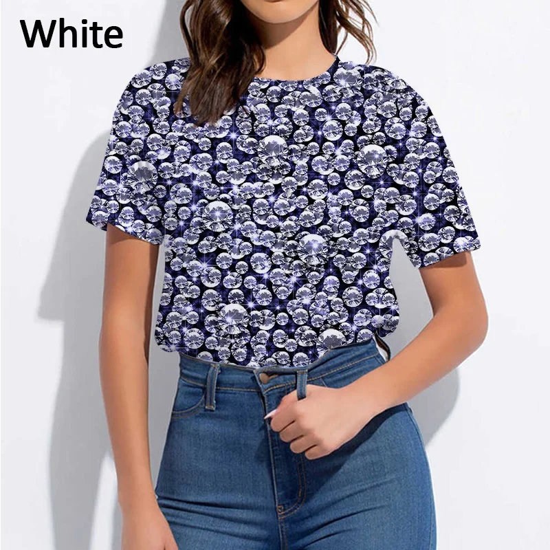 

Color Glitter Pattern 3D Printing Women Diamond Fashion Summer Casual T-shirt Short Sleeves Pullover Oversized Y2K Streetwear