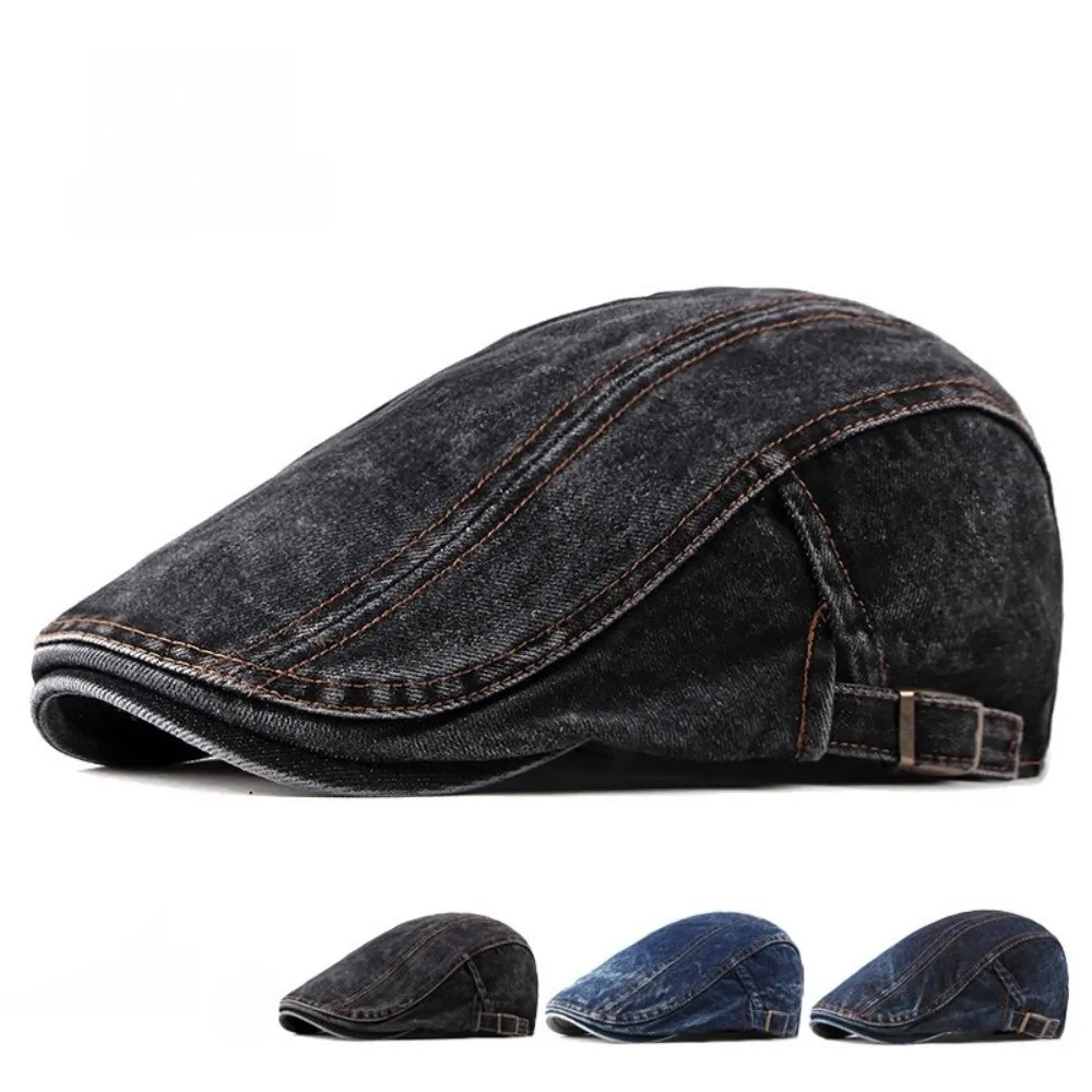 Denim Material Denim Newsboy Cap Washed Finish Solid Color Flat Peaked Cap Flat Peak Design Unisex Style Painter Beret Hat