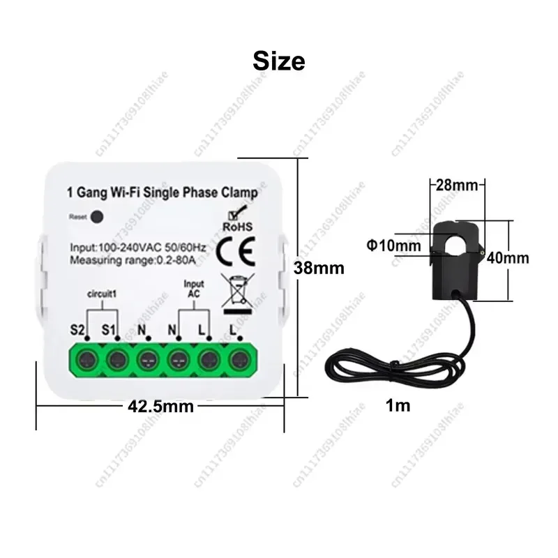 Tuya Single Phase WiFi Energy Monitor 80A Smart Power Clamp Meter App Real Time Power Consumption Meter Smart Switch Module
