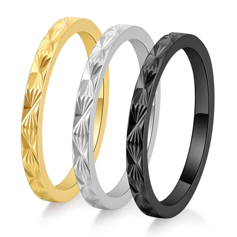 2mm Thin Stainless Steel Flower Carved Stackable Ring Wedding Band for Women Girl Size 5-11