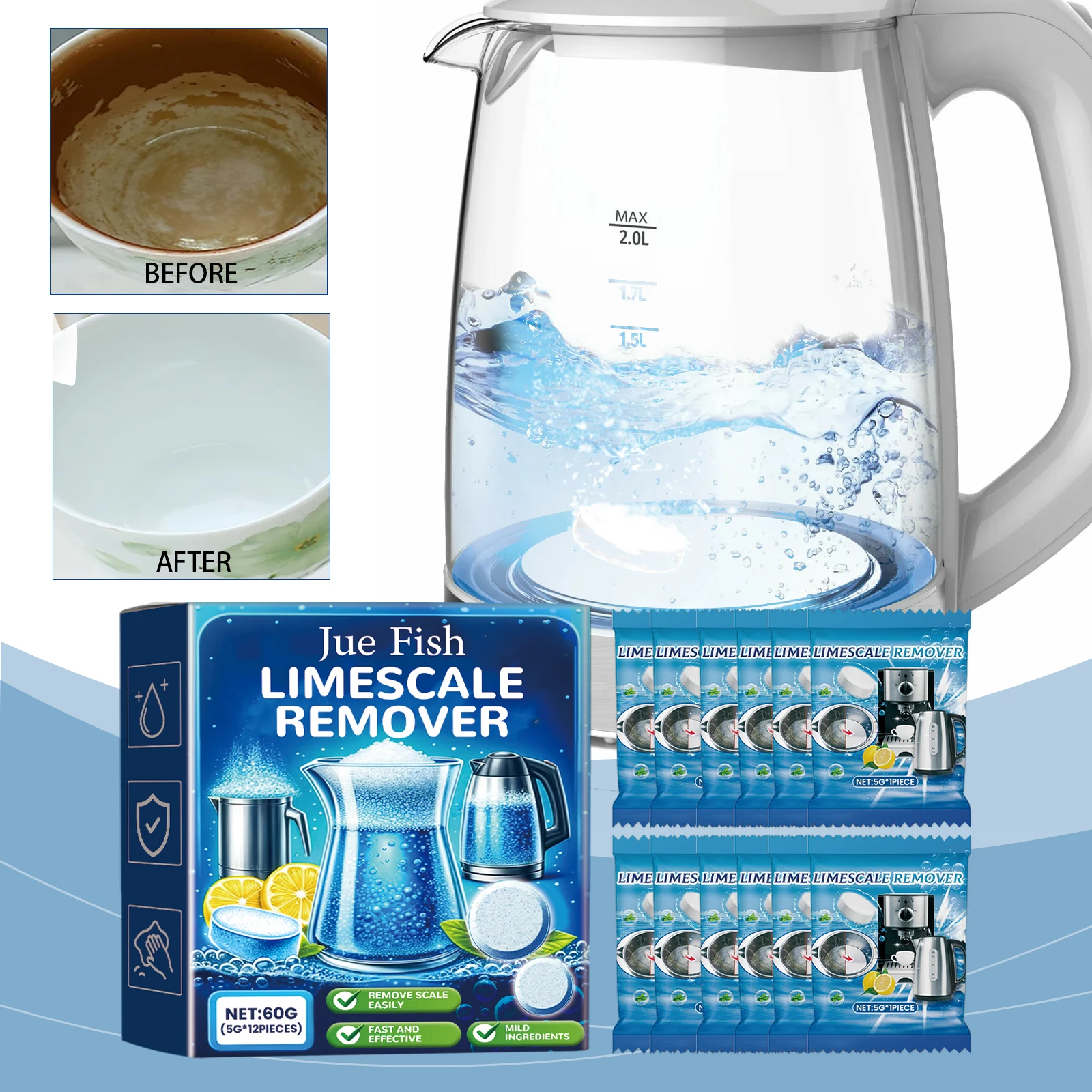 Powerful Scale Tea Stain Remover Food Grade Drinking Stubborn Scale Decontamination Household Water Bottle Cleaning Tablets 60g