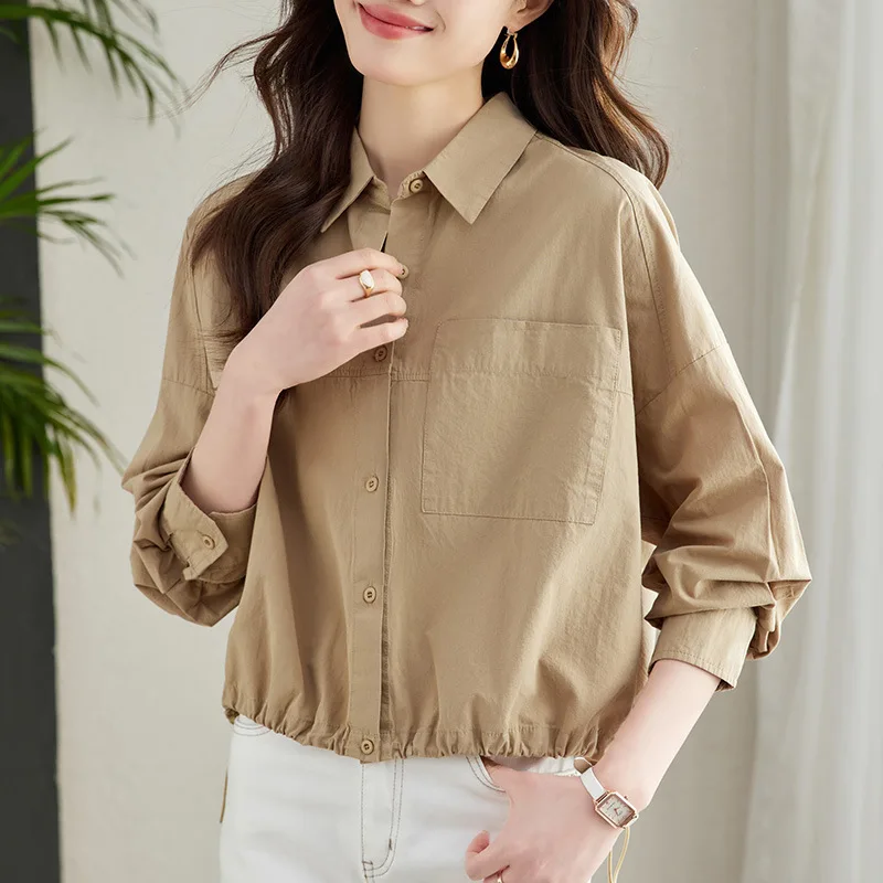 Cotton Long Sleeve Shirt Female Spring Kaki Korean Version Loose Hem Tie Casual Loose Top Female