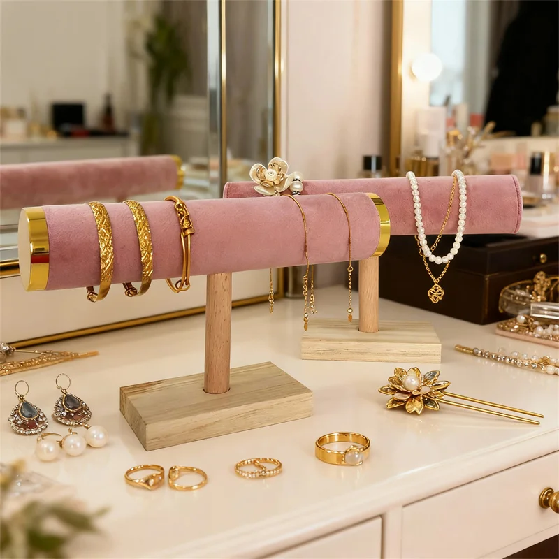 حامل عرض مجوهرات مخملي وردي عالي الجودة للأساور والقلائد والمعلقات والخواتم دعائم عرض المجوهرات #2