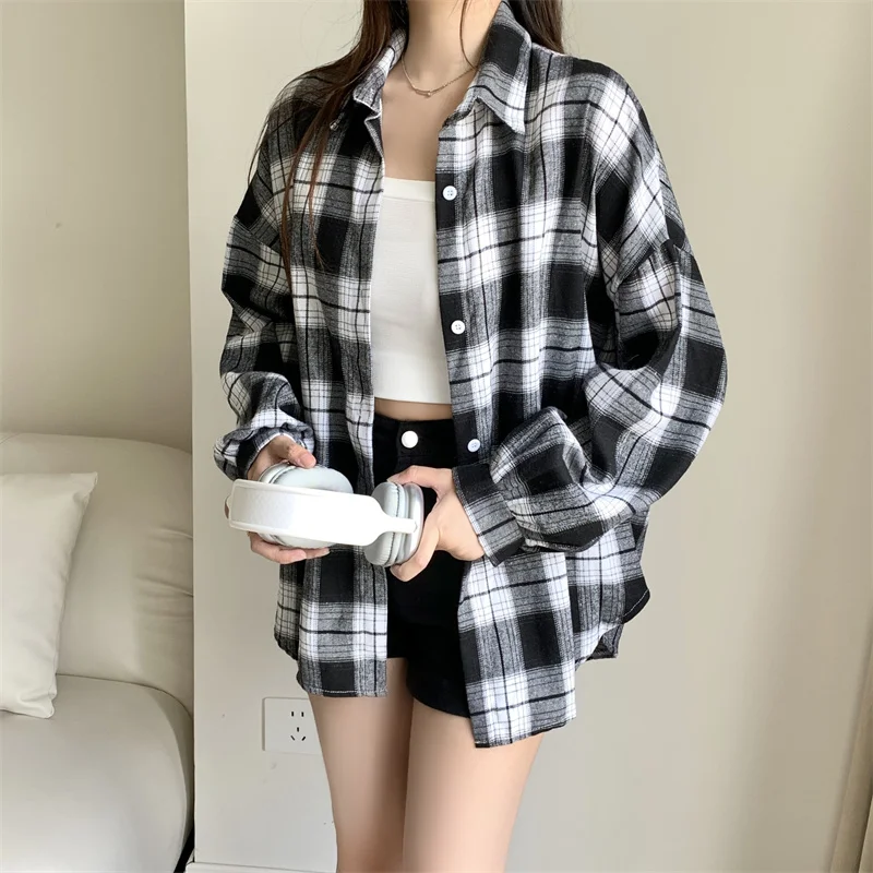 Camicia scozzese in bianco e nero per donna Autunno Inverno Manica lunga Camicetta monopetto Top Camicie casual in tartan femminile