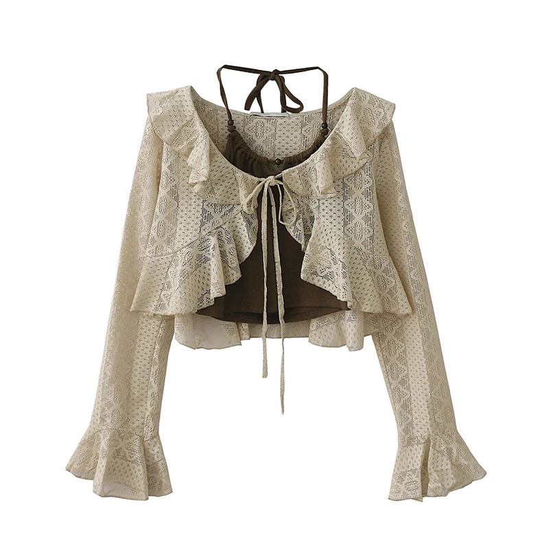 

Женский осенний топ, милая куртка во французском стиле ретро с талией, короткие кружевные подтяжки с рюшами по краям, пикантный стиль, подтяжки из двух частей