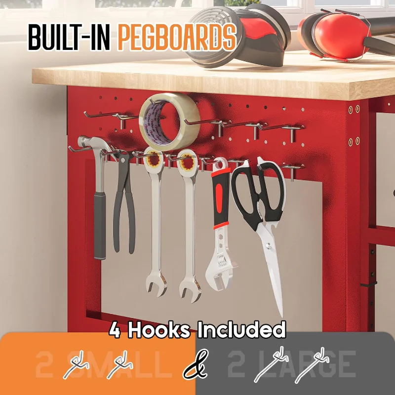 84" Red Adjustable Heavy Duty Workbench with 4 AC Outlet and 2 USB Ports Power Outlets, 5000 Lbs Capacity, Rubber Wood Top