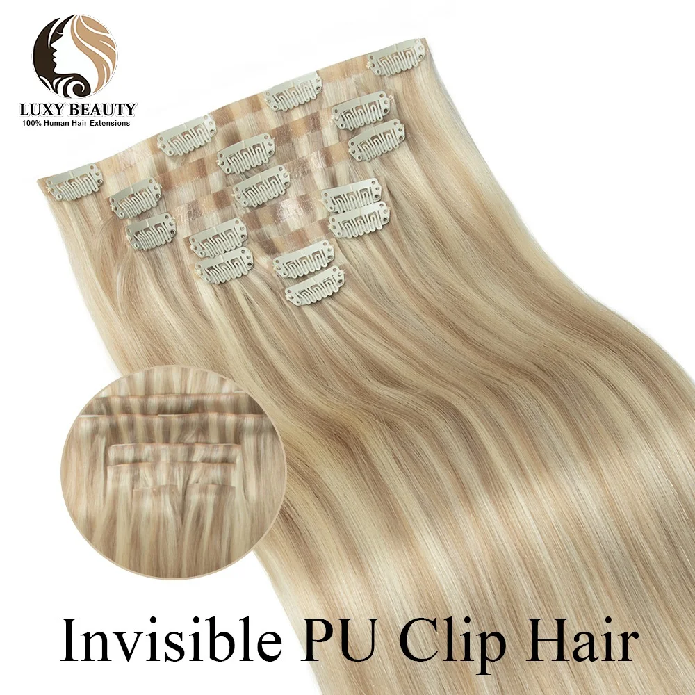 Invisible Clip In Hair Extensions Human Hair Injected PU Tape Weft Hair Extensions Clip On Hair 7Pcs/set 12-22inch 120G Blonde