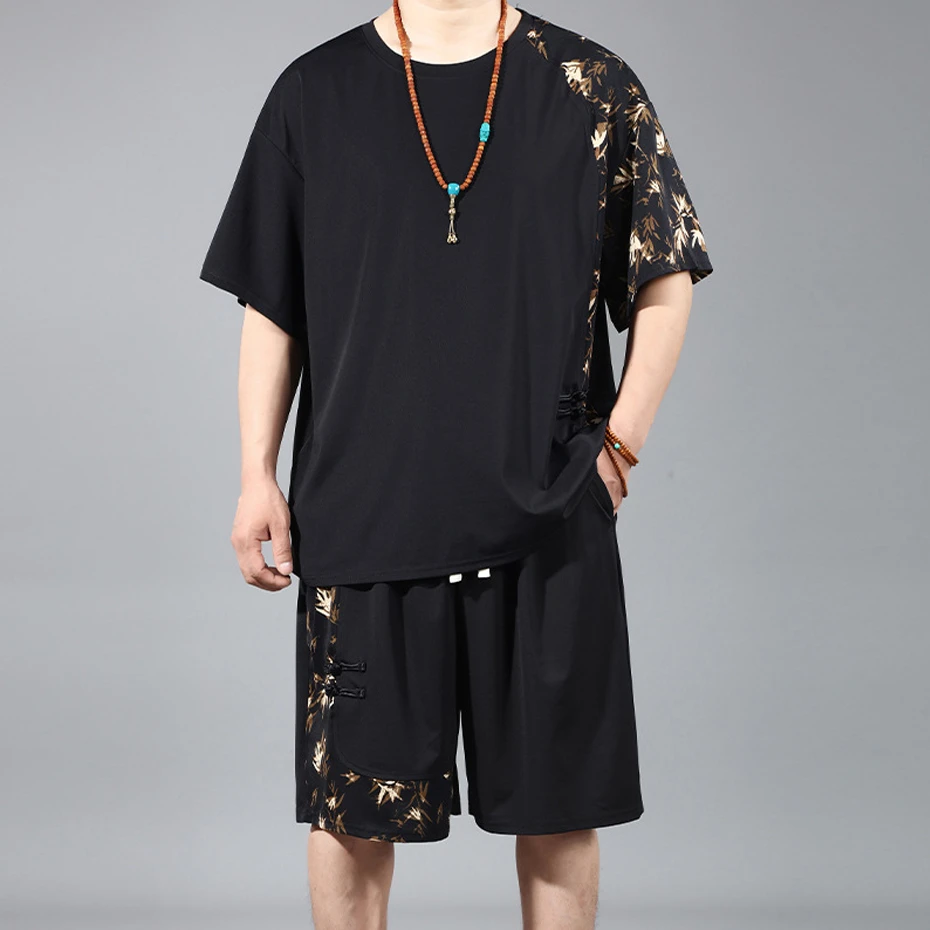 Summer Suits Men's Sets Plus Size 10XL Chinese Style Bamboo Leaf Print Patchwork Fashion Casual T-shirts Shorts Male Big Size