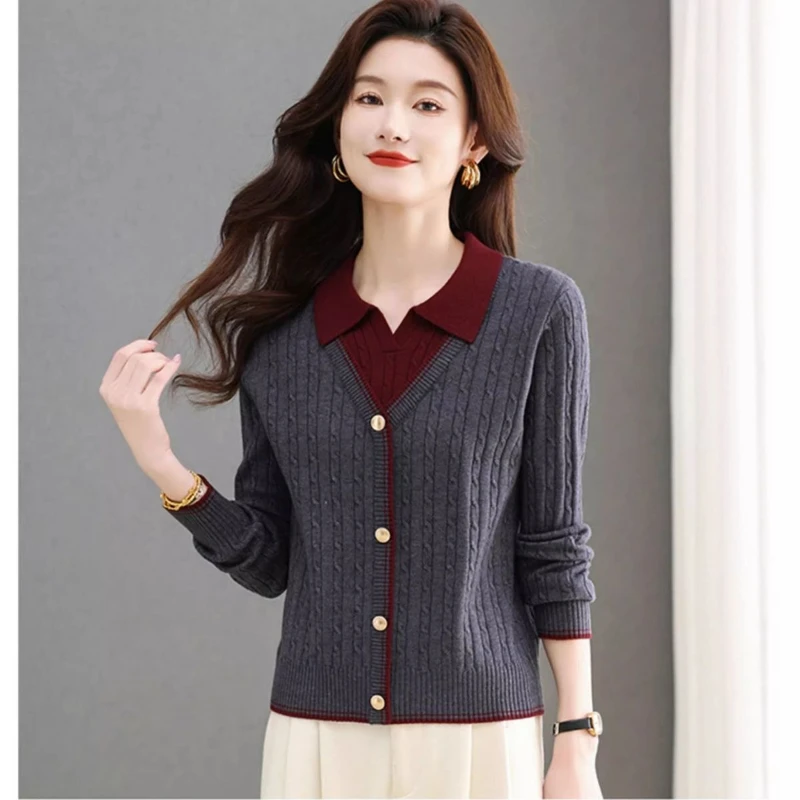 

Весенний женский поддельный двухсекционный свитер с лацканами в тон, пуловер, женский вязаный свитер, шерстяная рубашка, женский повседневный топ