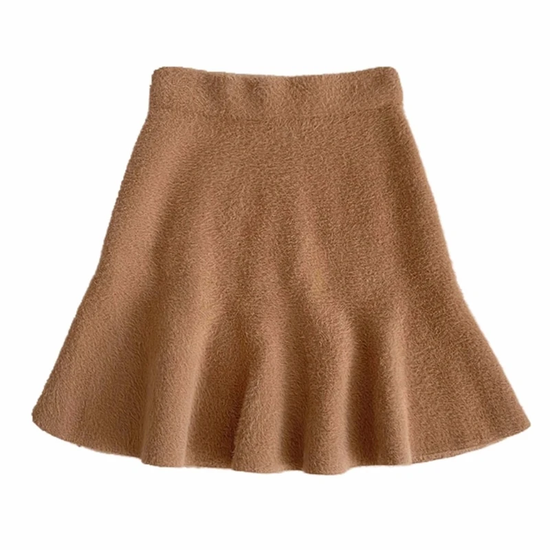 

Women Fall Winter Elastic High Waist Imitated Mink Hair Mini Skirt Solid Color Furry Pleated Flared A-Line Short Skirts 066C