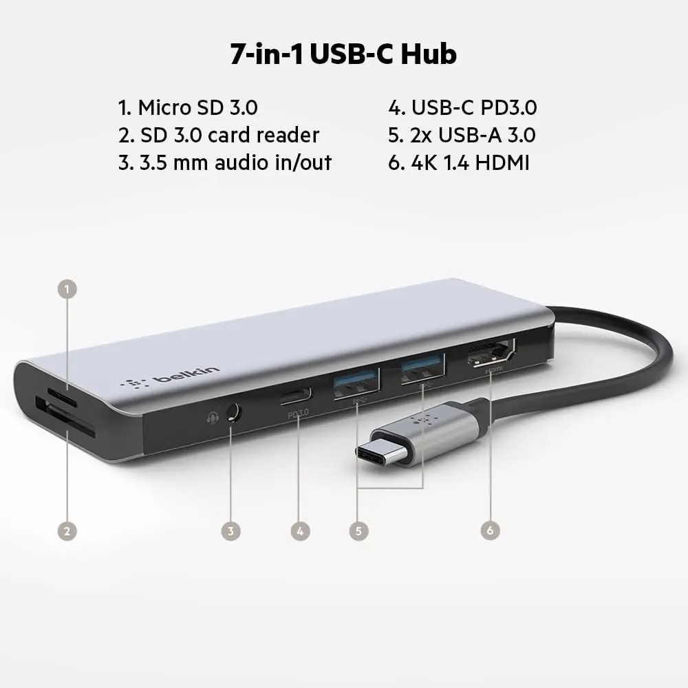 Belkin USB-C Hub 7 in 1 MultiPort Docking Station for MacBook Windows Desktop Laptop 100W Power Delivery 3.0 4K HDMI 1.4 2x USB