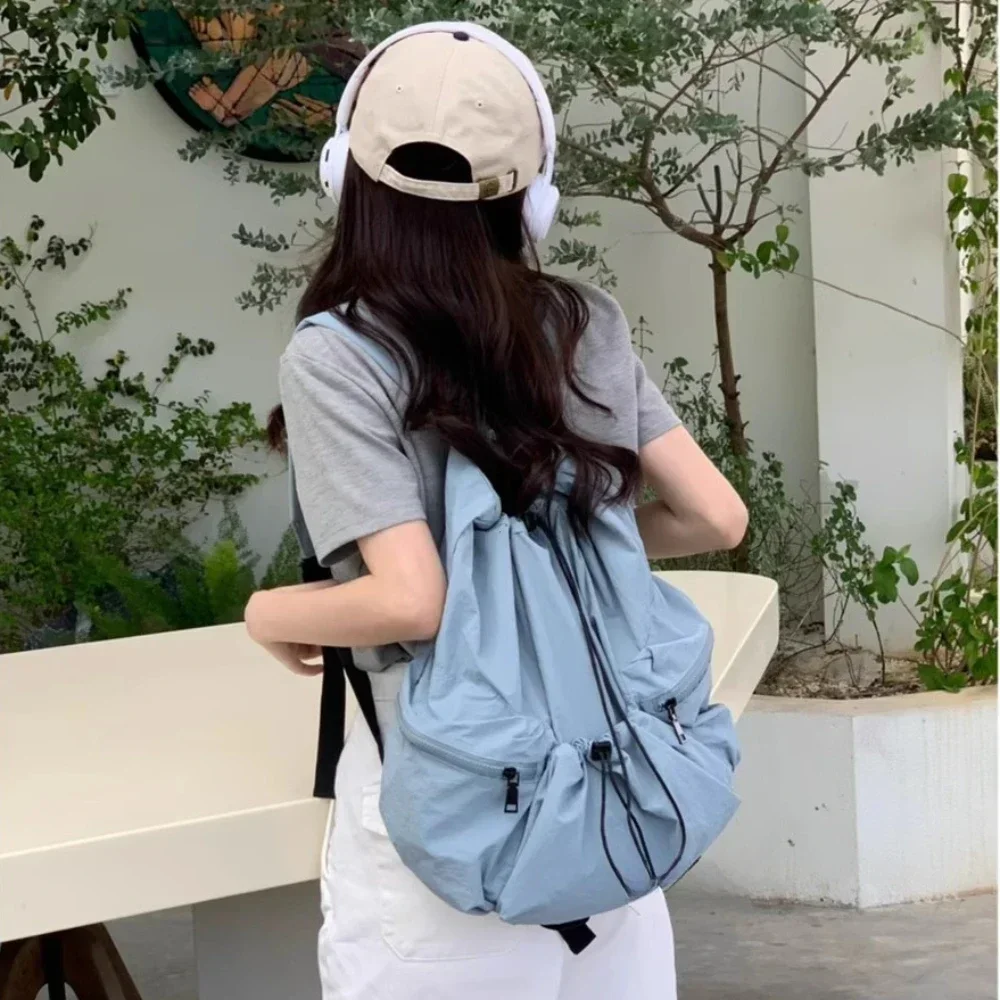 Fashion Ruched Drawsting Backpacks for Women Casual Nylon Lady Backpack Light Weight Students Bag Large Capacity Travel Sac 2024