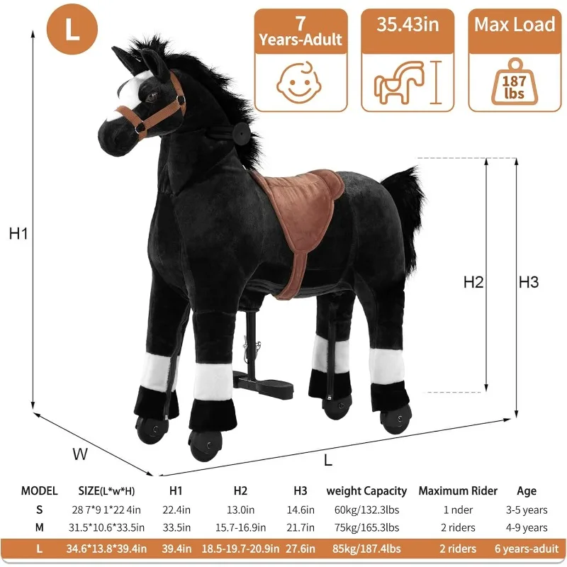 Ride on Horse with Cowboy Hat (41.33'' Height) Riding Horse Toy Ride Horse Plush Walking Animal Max Load 187LBS (Black, Size 5)