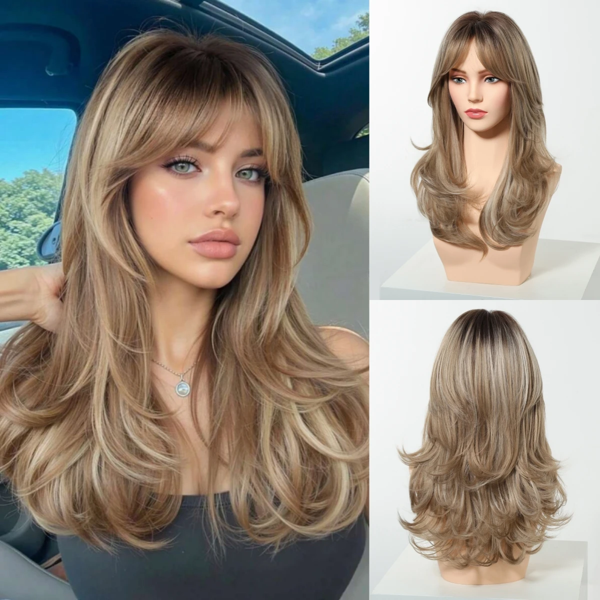Allbell Magique Long Wavy Layered Wigs Honey Brown Hair With Side Bangs For Women Daily Heat Resistant Natural Synthetic Wigs