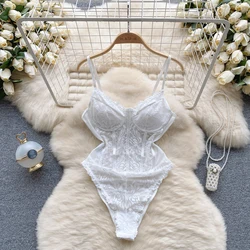 Hotsweet Vintage V-neck Elegant Sleeveless Chic Lace Hook Flower Bodysuits Slim Mesh Top French Streetwear High Street Clothing