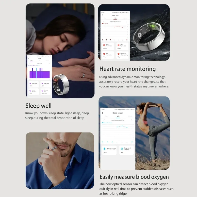 Anneau intelligent fréquence cardiaque sang oxygène pression du sommeil exercice surveillance Modes sportifs Tracker 5ATM étanche avec étui de chargement