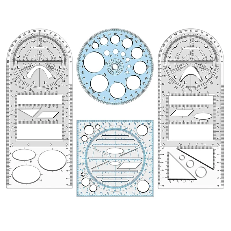 

4Pcs Multifunctional Geometric Ruler Measuring Drawing Ruler Plastic Mathematics Tools For Student School Office Supply