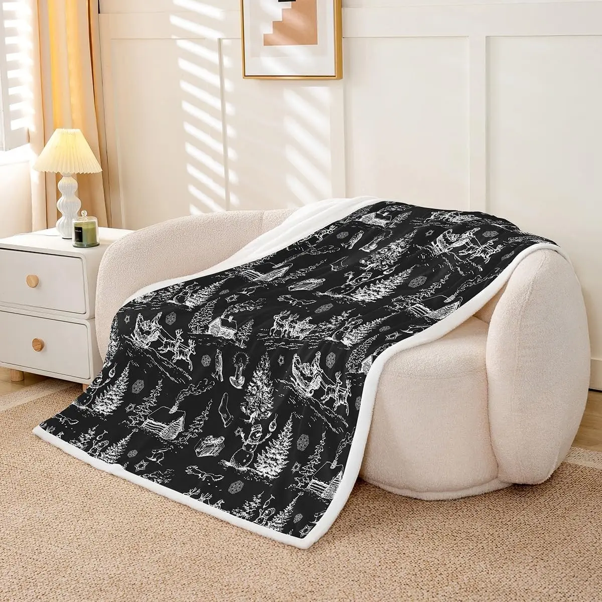 Christmas Santa Claus Throw Blankets,Snowman Xmas Tree Fleece Blanket,Kids Girls Boys Adult Winter Cottage Fuzzy Blankets Sketch