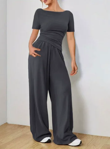 Women's Two-piece Wide Leg Pants Fashion Set Irregular Short Top Women's Clothing Yoga Exercise Set Спортивный Костюм Женский  image 3