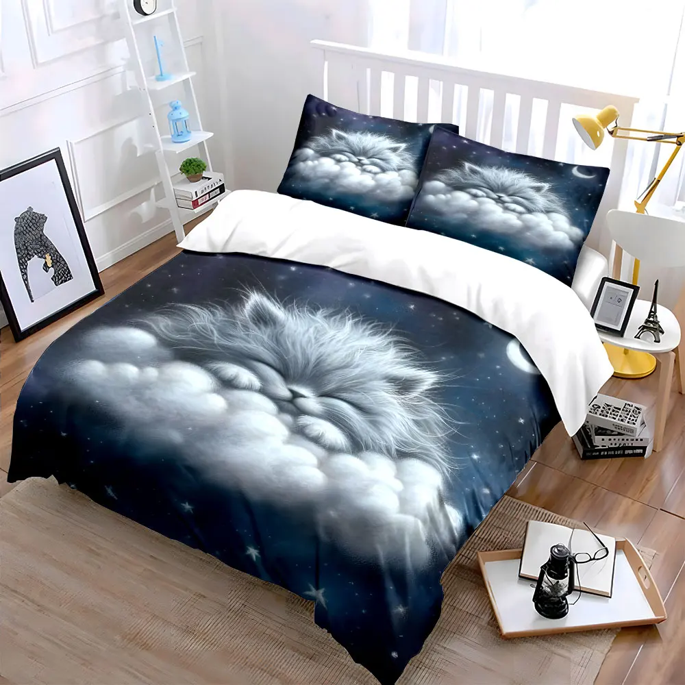 Dreamy Cat on Cloudy Night Sky Print Bedding Set 1 Duvet Cover 2 Pillowcases for Adult and Children Luxury Gift Full Size