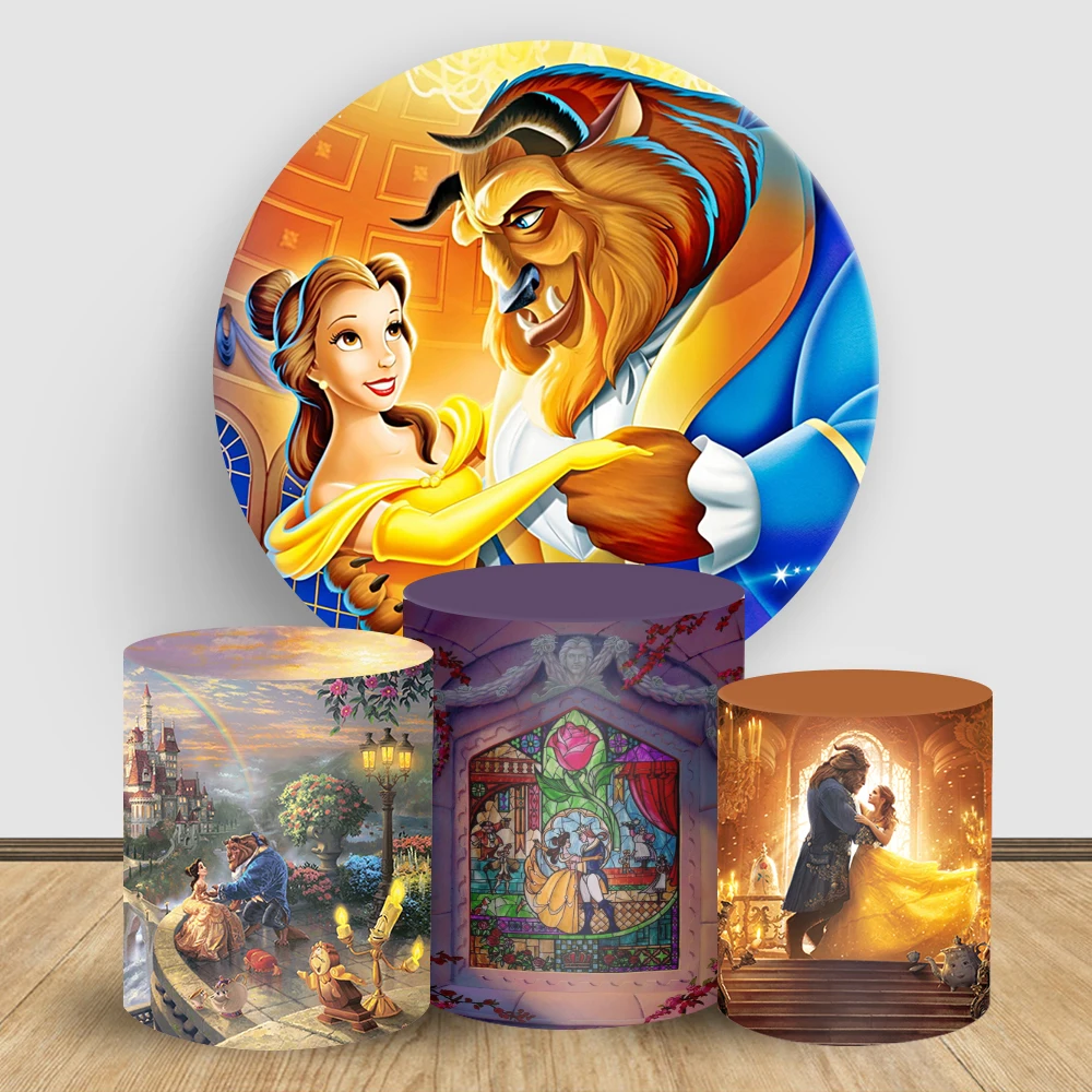

Disney Beauty and The Beast Princess Belle Theme Round Background Cover & Cylinder Covers for Birthday Party Photo Decoration