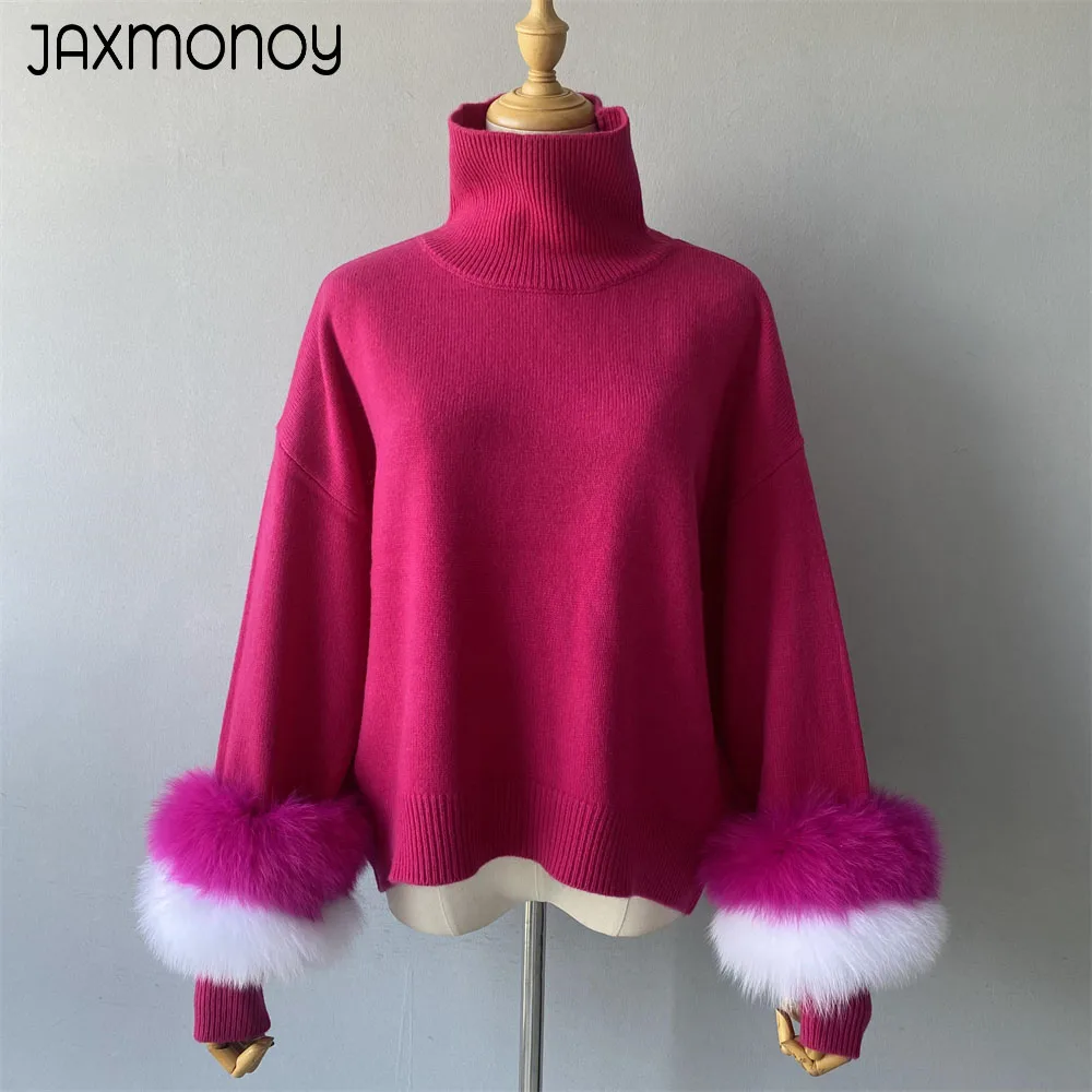 

Jaxmonoy Knitted Pullover with Real Fox Fur Cuff for Women New Style Wool Blend Sweater Female Spring and Autumn Fashion Wear