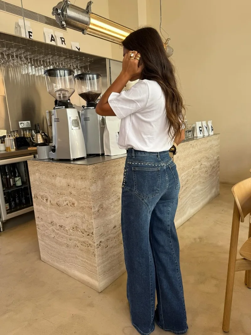 Damen-Jeans mit Nieten und geradem Bein, gebogene Nähte, Metallperlen, lockere, weite Denim-Hose, amerikanischer Street-Casual-Stil, Alltagshose – Detail 3