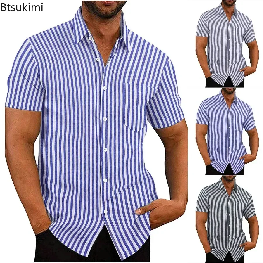 

Summer New Men's Striped Short Sleeve Shirts Fashion Single Breasted Lapel Collar Casual Shirt Tops Men Breathable Beach Blouses